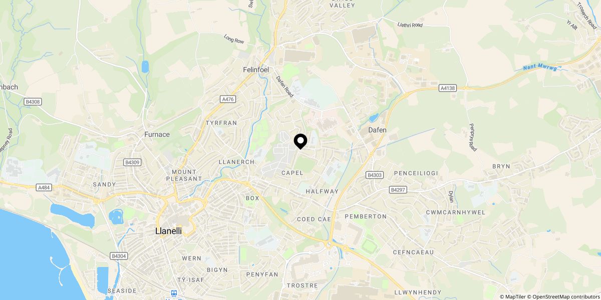 Approximate location of Bryngwyn Road, Llanelli, SA14 8LH